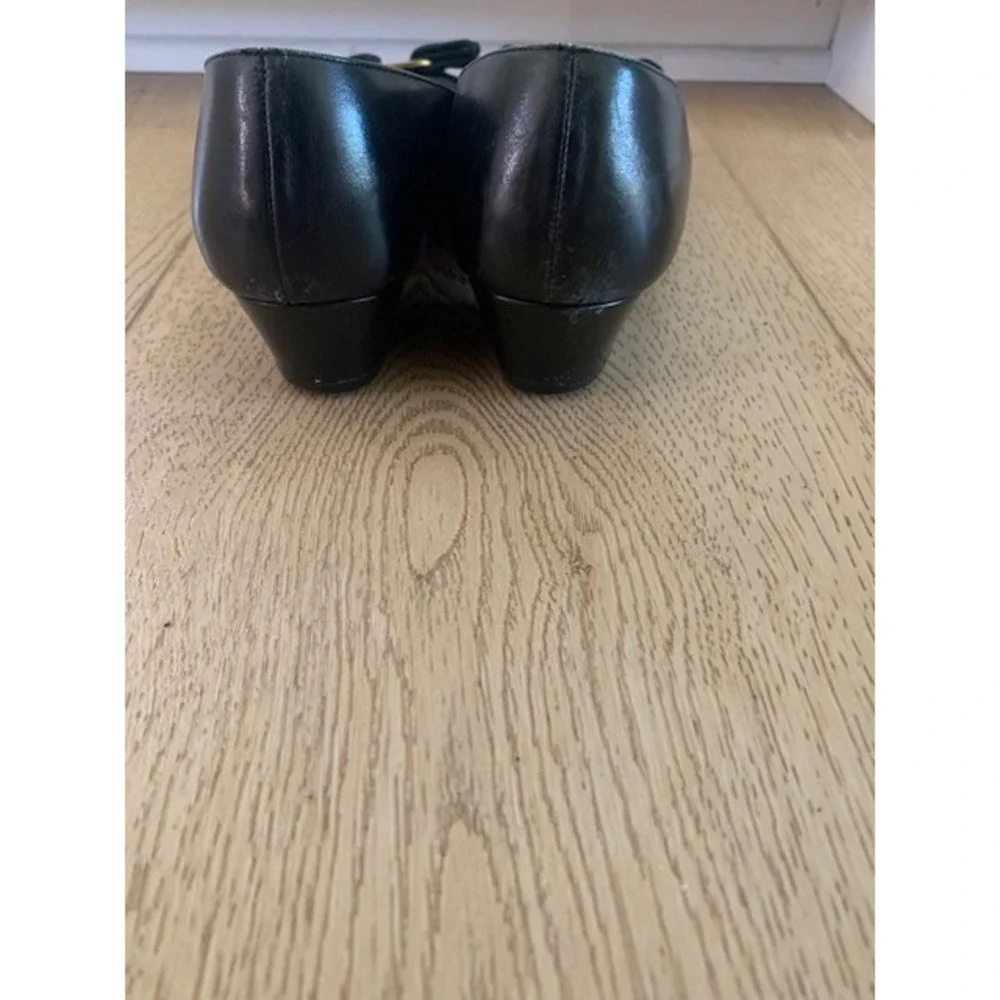 Salvatore Ferragamo Vara Bow Pumps‎ Black Leather Low Block Heel Shoes 7.5 C